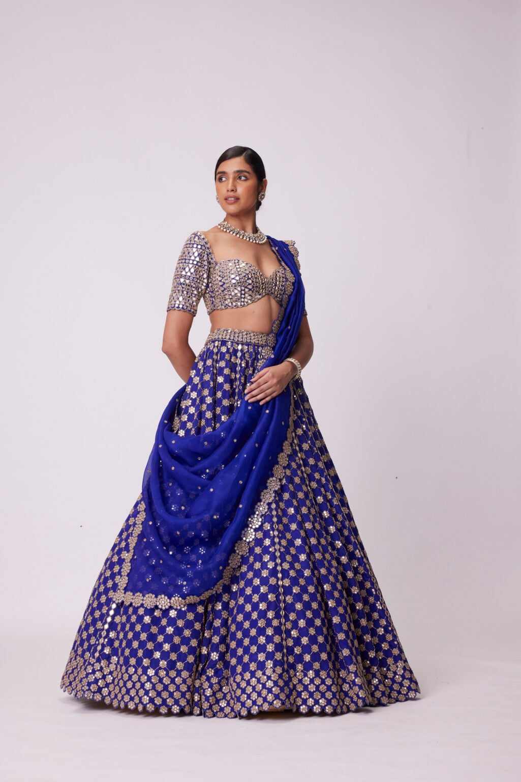 Image of PERSIAN BLUE MIRROR FLOWER EMBROIDERED LEHENGA SET