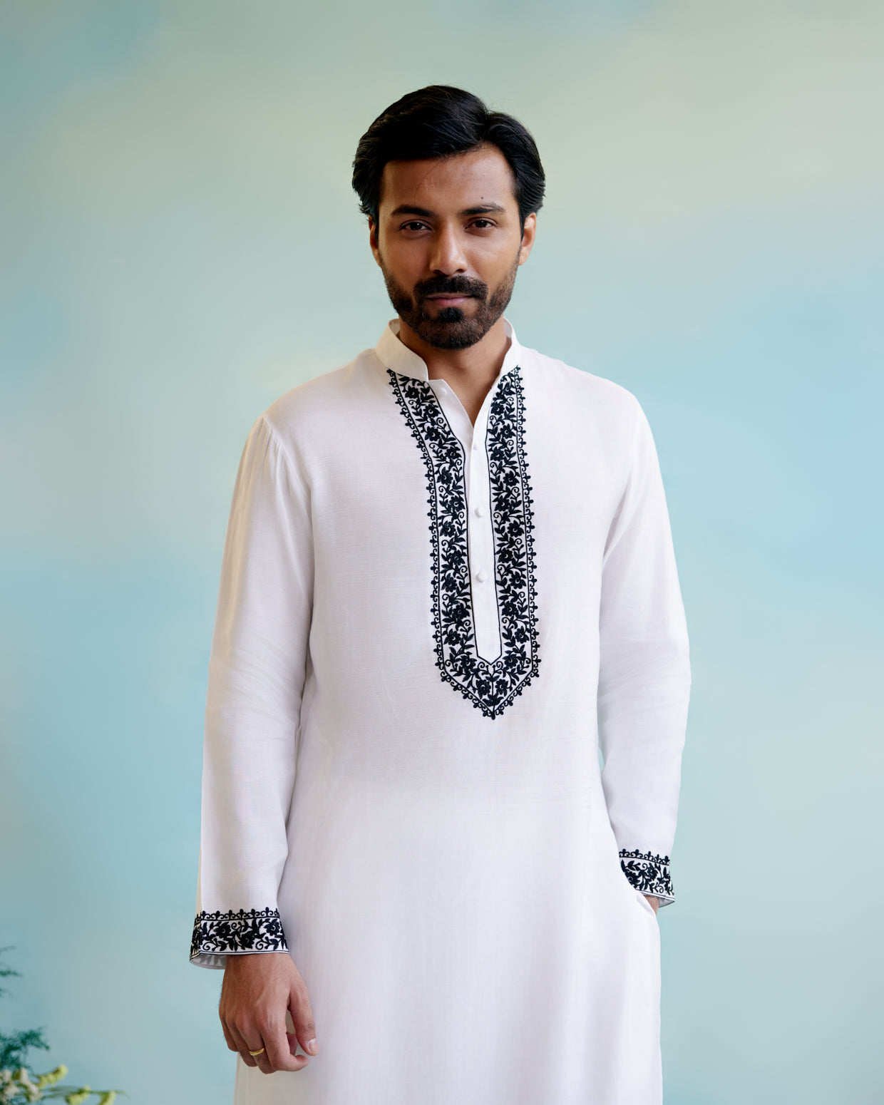 Image of White Muslin Floral 
Embroidered Kurta