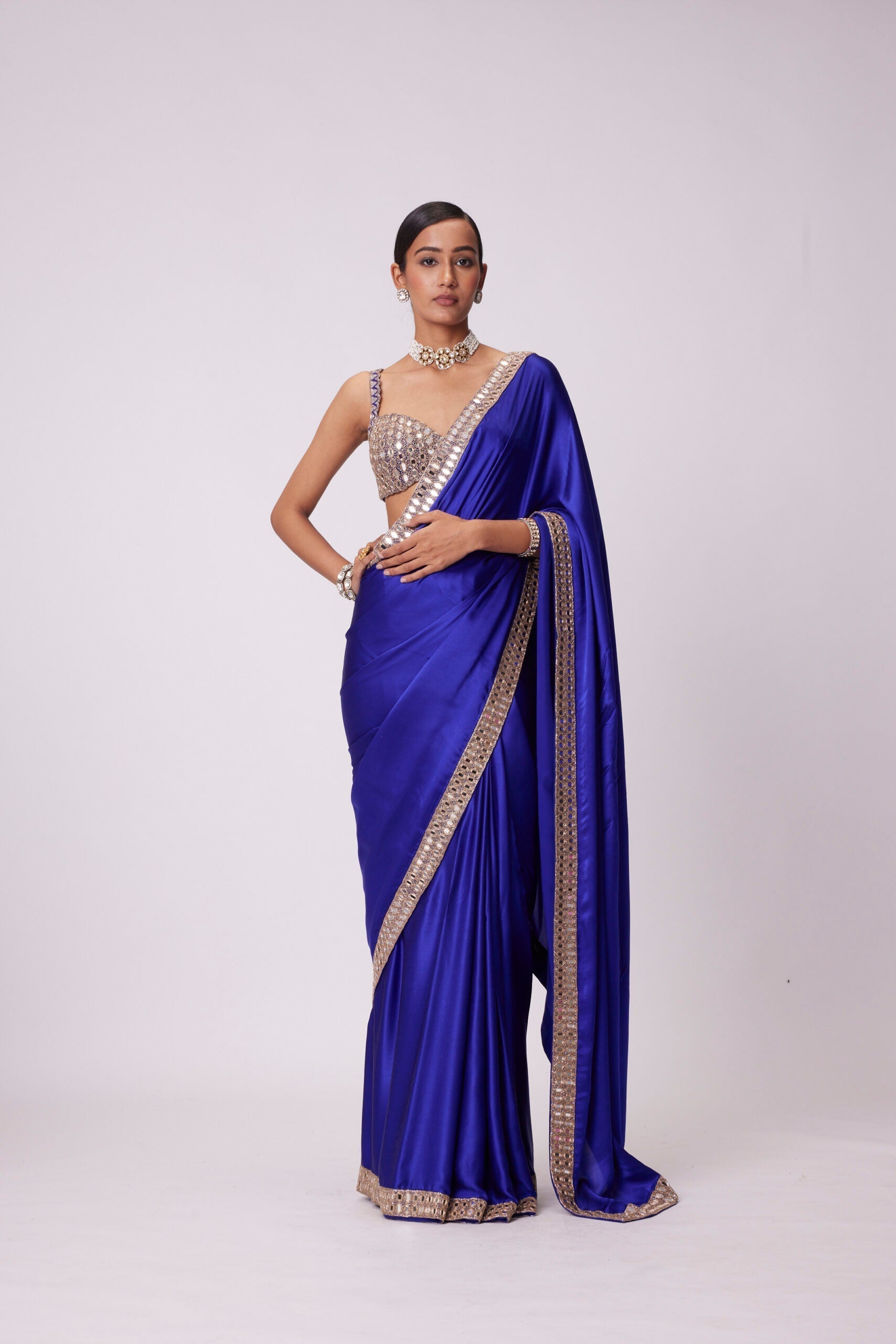 Image of PERSIAN BLUE HAND EMBROIDERED SATIN SAREE SET