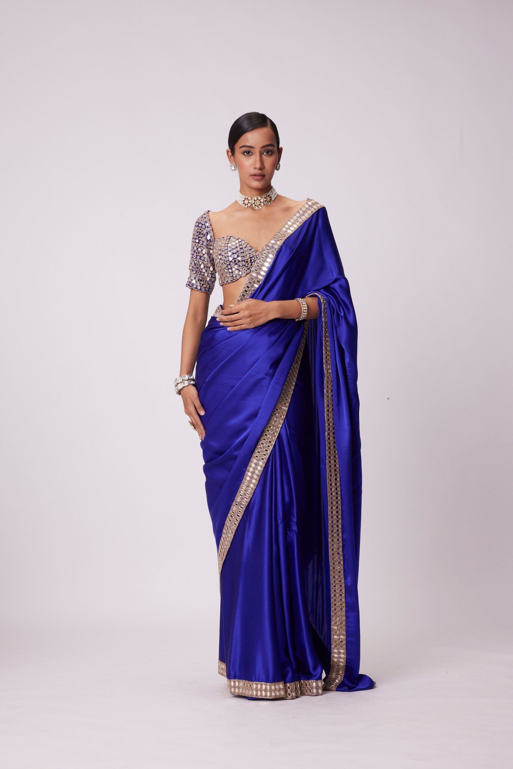 Image of PERSIAN BLUE MIRROR EMBROIDERED SATIN SAREE SET