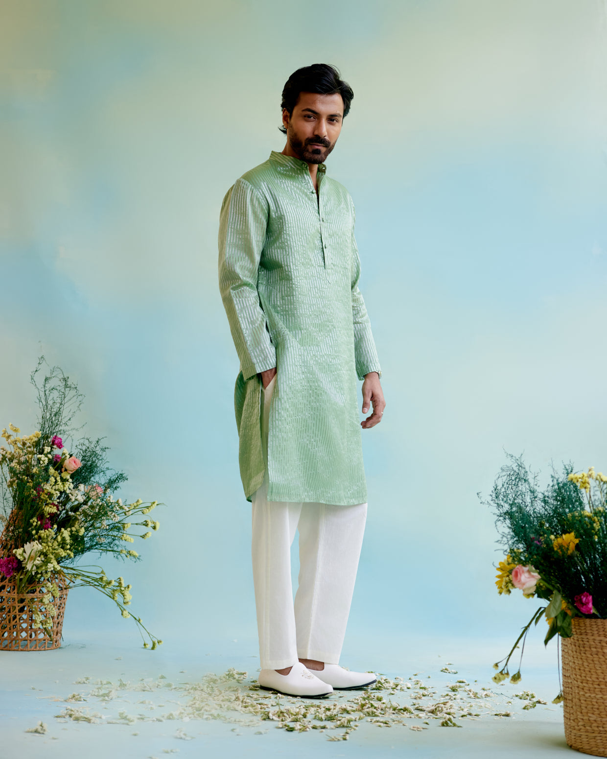 Image of Mint Meadow Crushed 
Stripe Tissue Kurta with Pure 
Cotton Narrow Pants