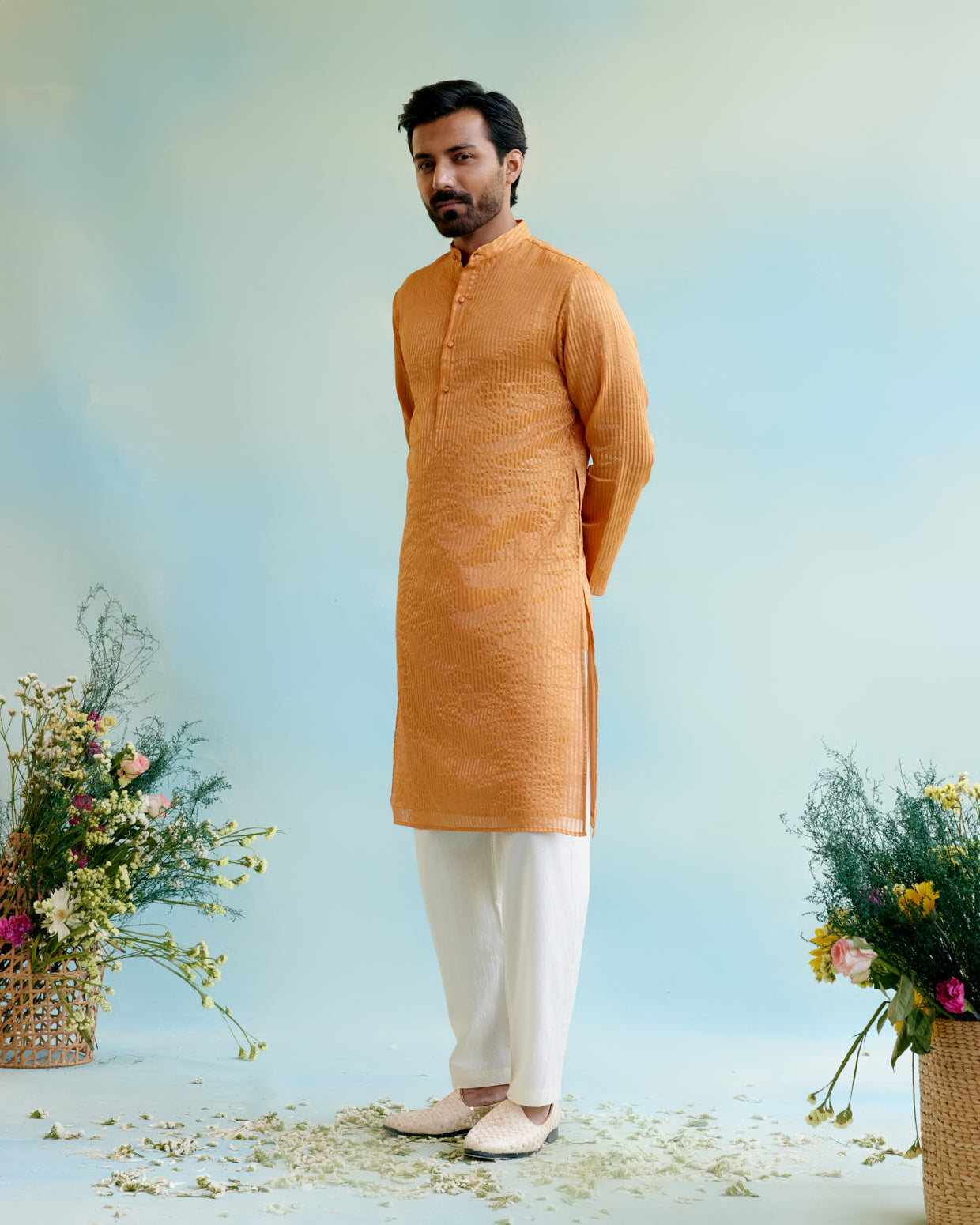 Image of Marigold Petal Crushed 
Stripe Tissue Kurta with Pure 
Cotton Narrow Pants