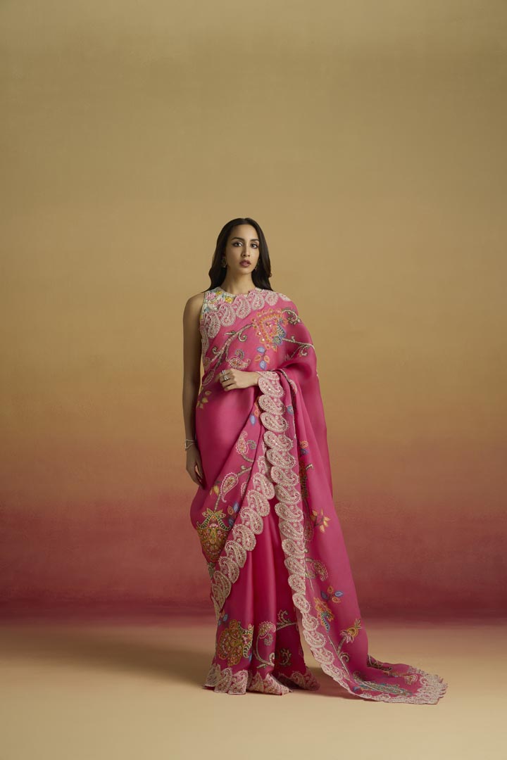HOT PINK CONTRAST CORDWORK SAREE