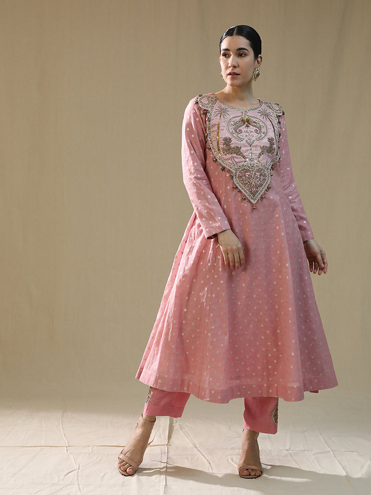 Pink self chanderi suit set