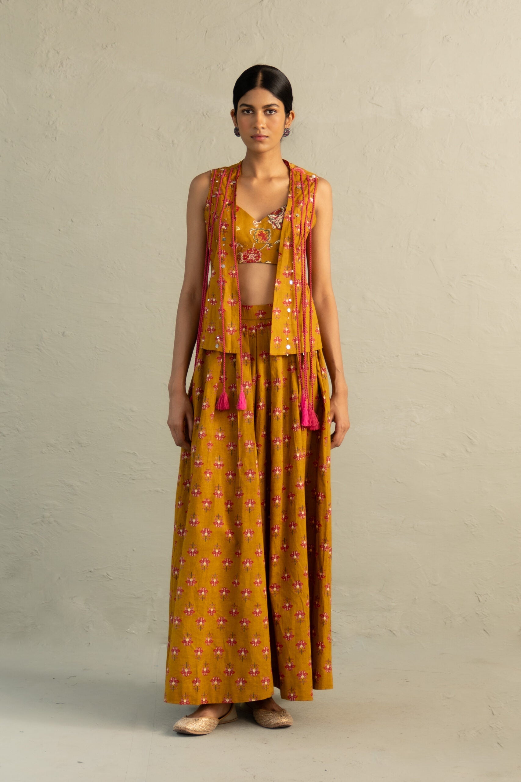 Mustard Phool Dori Coord Skirt Jacket Set