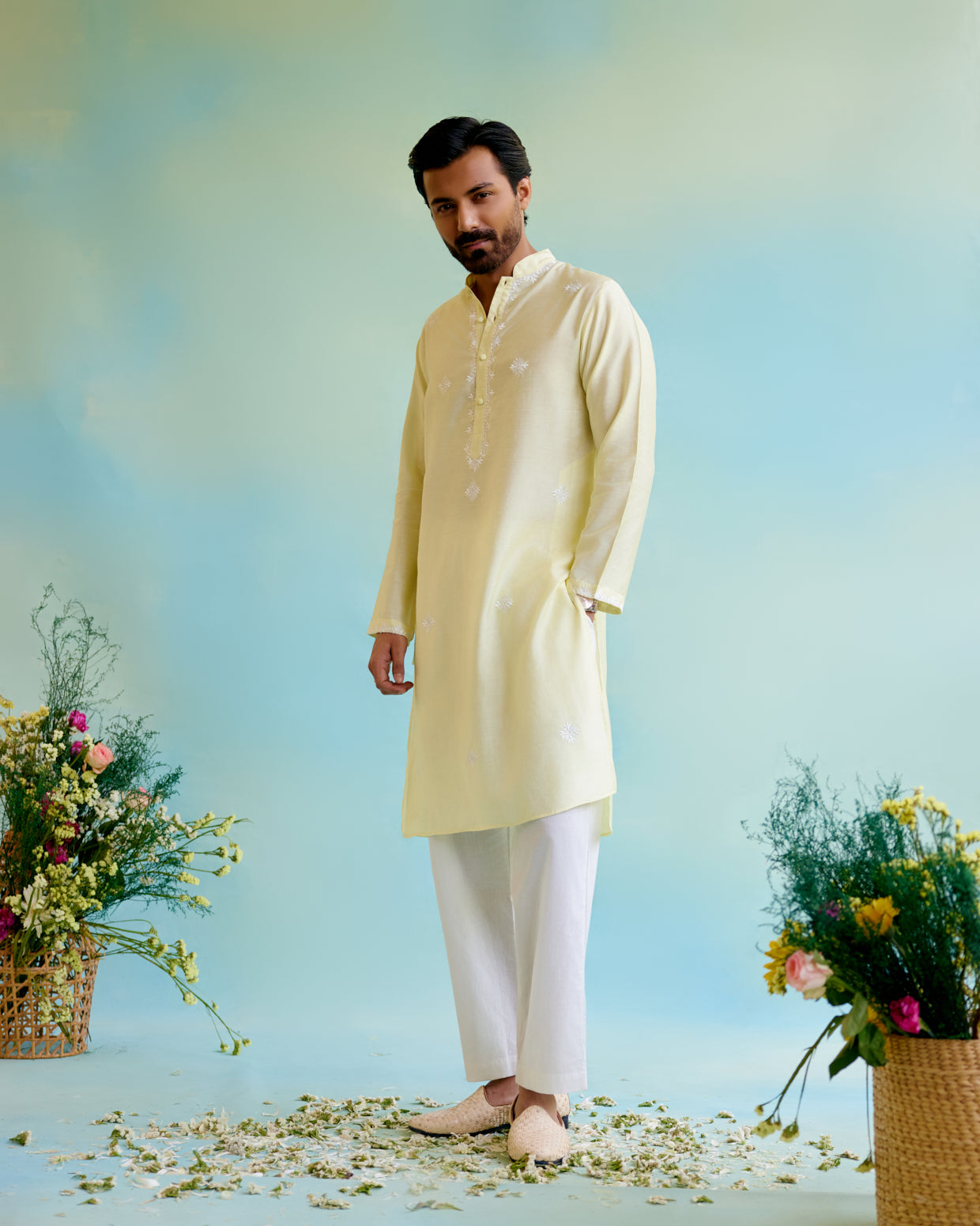 Image of Yellow Sunshine Chanderi Buta 
Embroidery Kurta with 
Chanderi  Narrow Pants