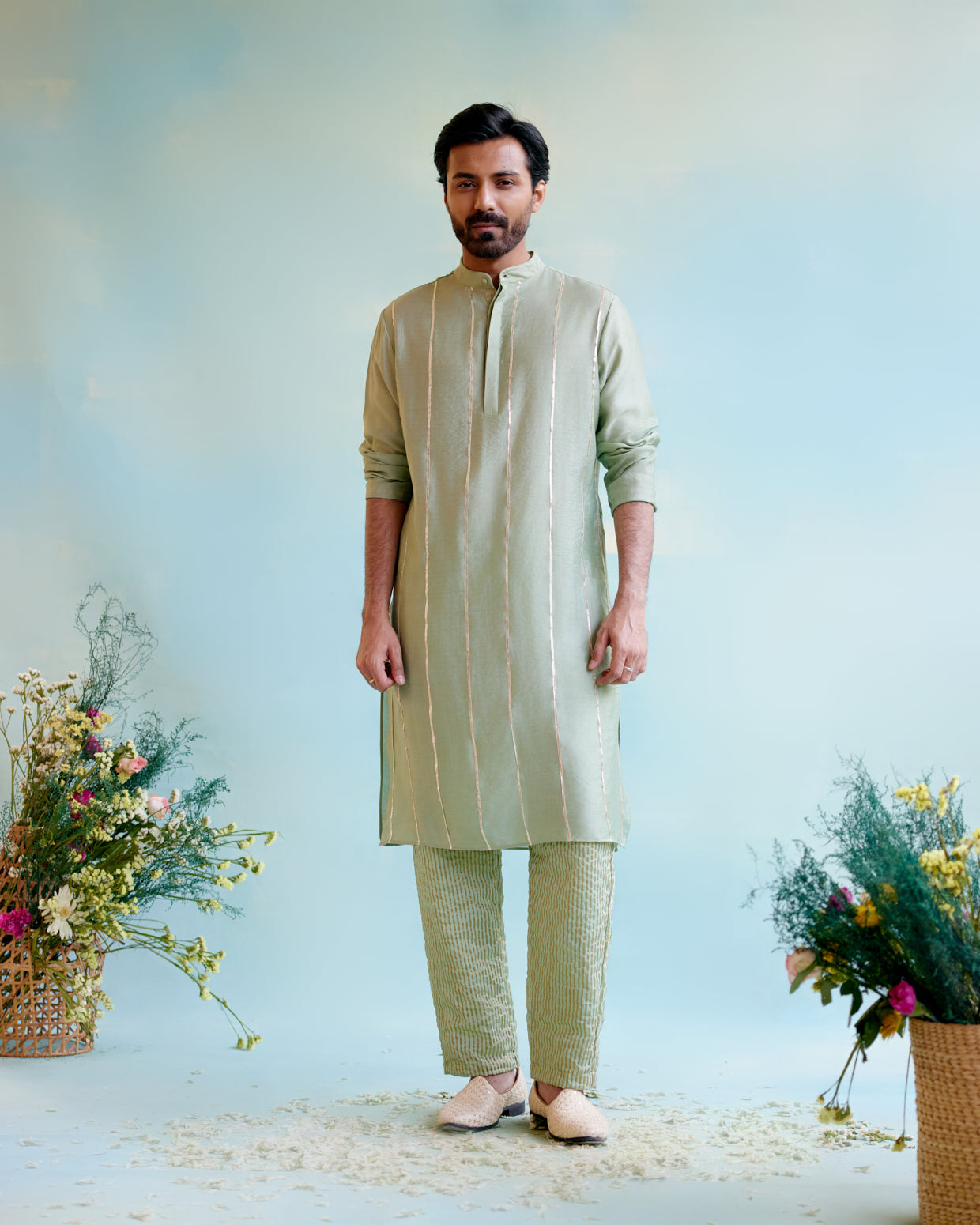 Image of Sage Green Chanderi
 Gota Kurta with Crushed Stripe 
Tissue Narrow Pants