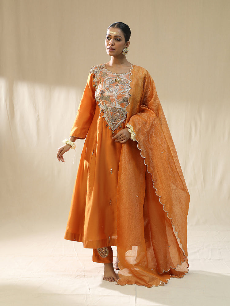 Orange chanderi deer embroidered suit set
