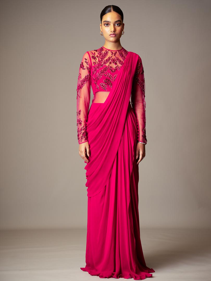 Fuchisa Embellished Saree Gown