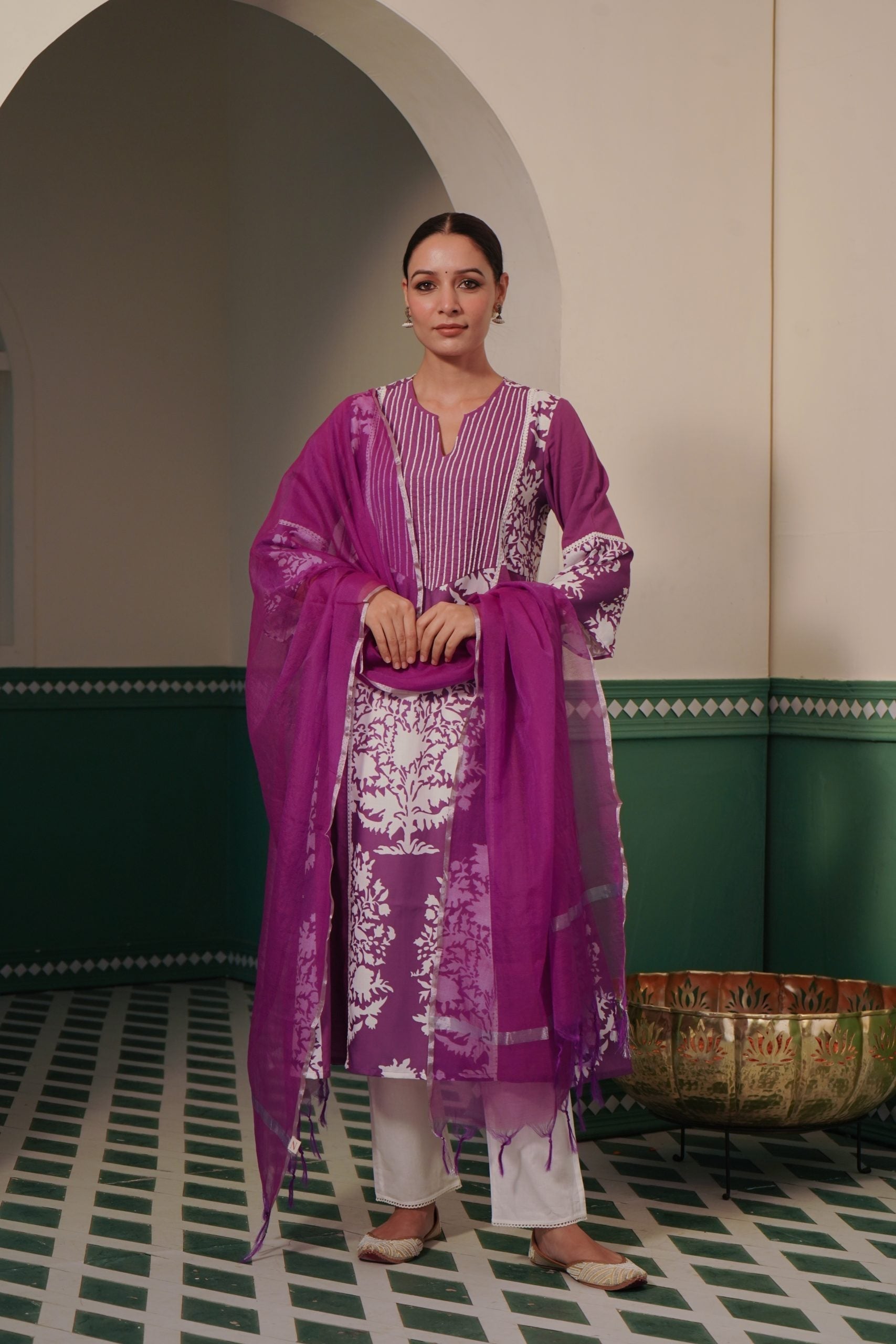 Image of Periwinkle Charm Kurta with hand embroidered beadwork yoke with pure cotton Narrow Pants for women