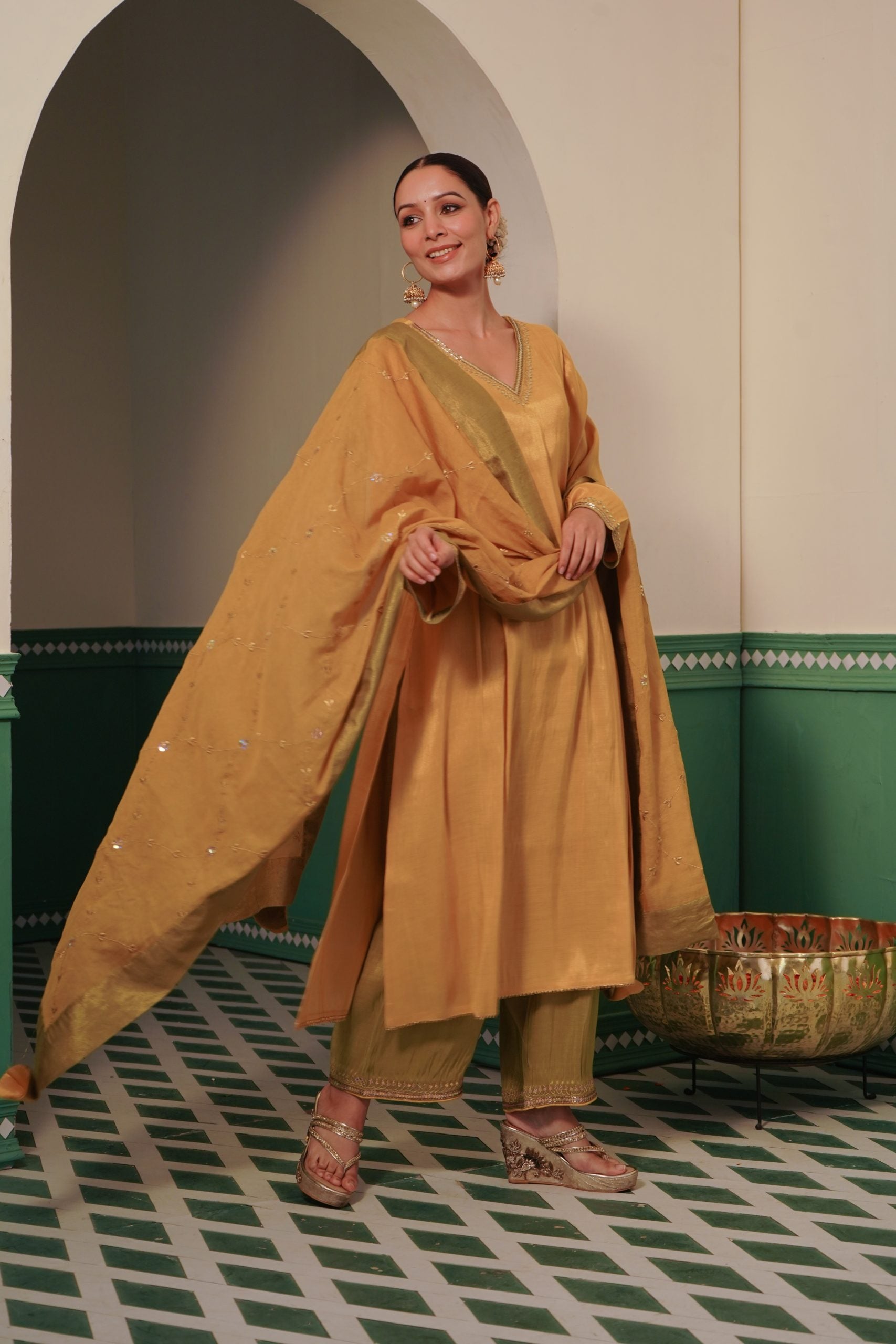 Image of Sunshine Shimmer Tissue Kurta and Wide Leg Pants with zari and sequins embroidery for women