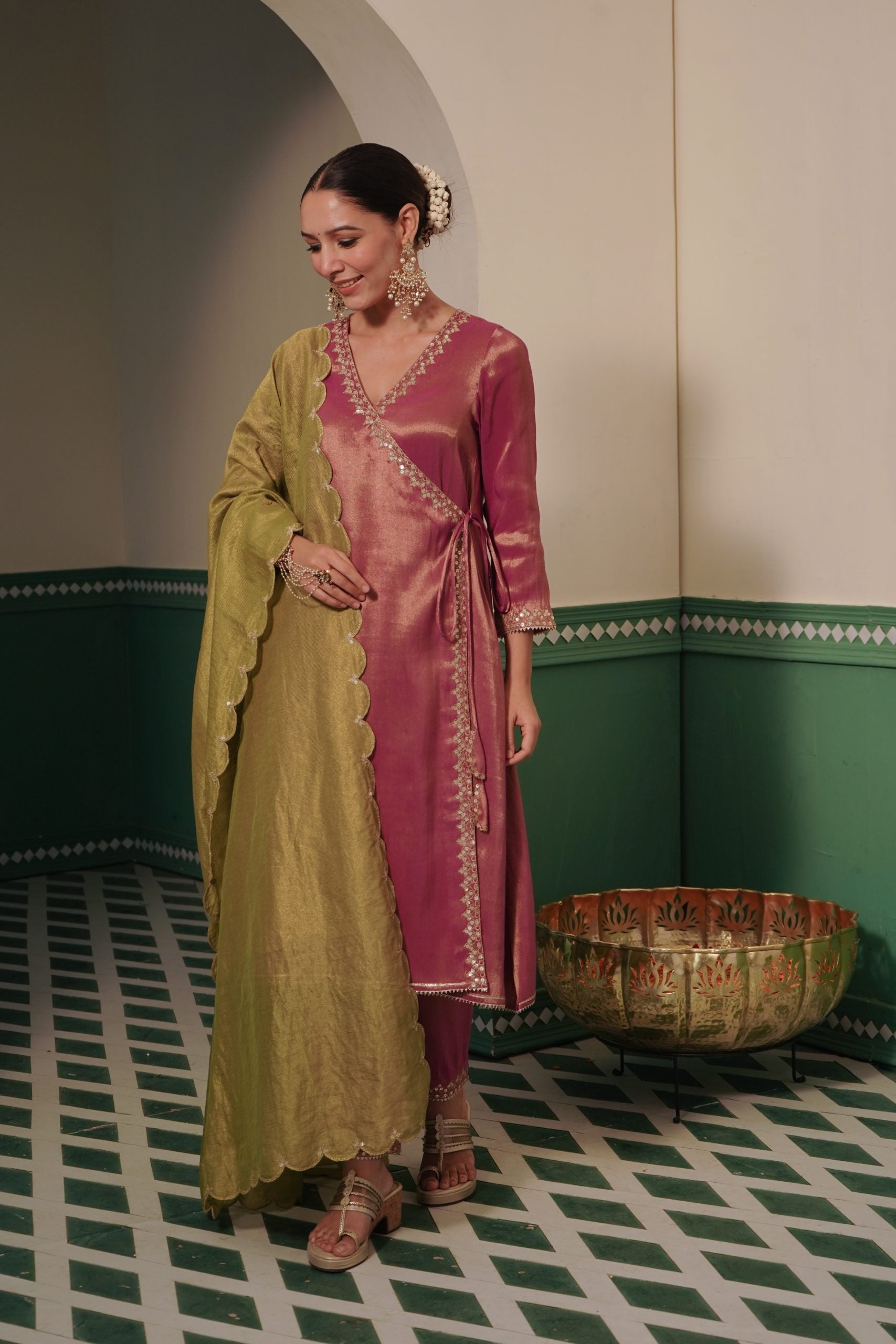 Image of Regal Purple Tissue Angrakha and Narrow Pants with dori embroidery and sequins work for women