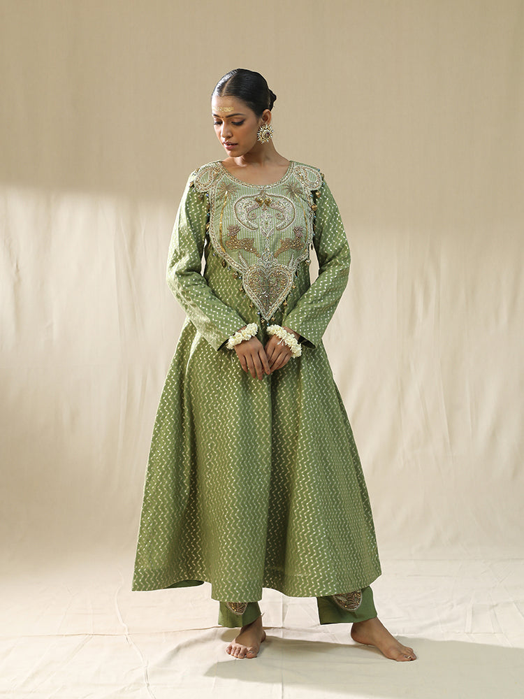 Pista green Chanderi deer embroidered suit set