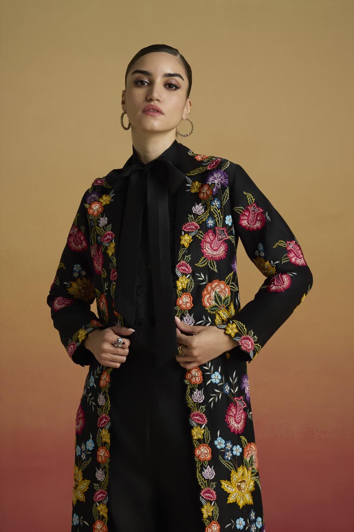 BLACK FLORAL THREADWORK LONG JACKET