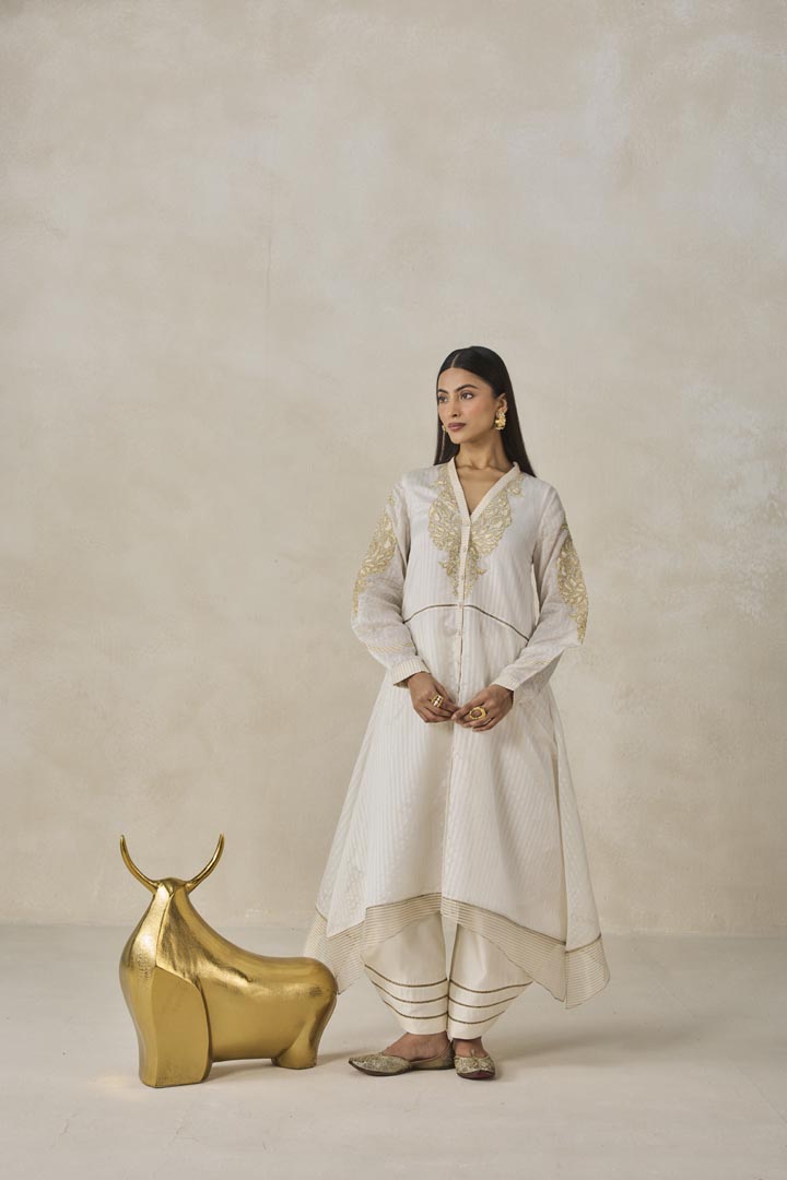 Ivory Chanderi Asymmetrical Kurta Set with Gold Embroidery