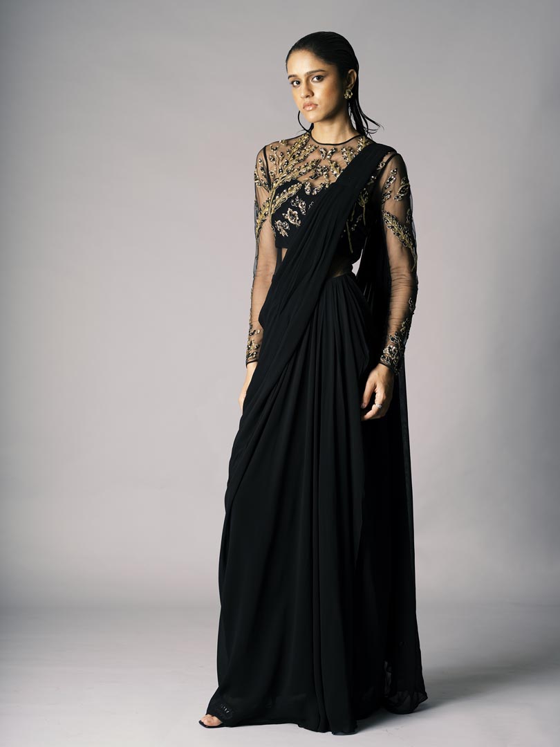 Black Embellished Saree Gown