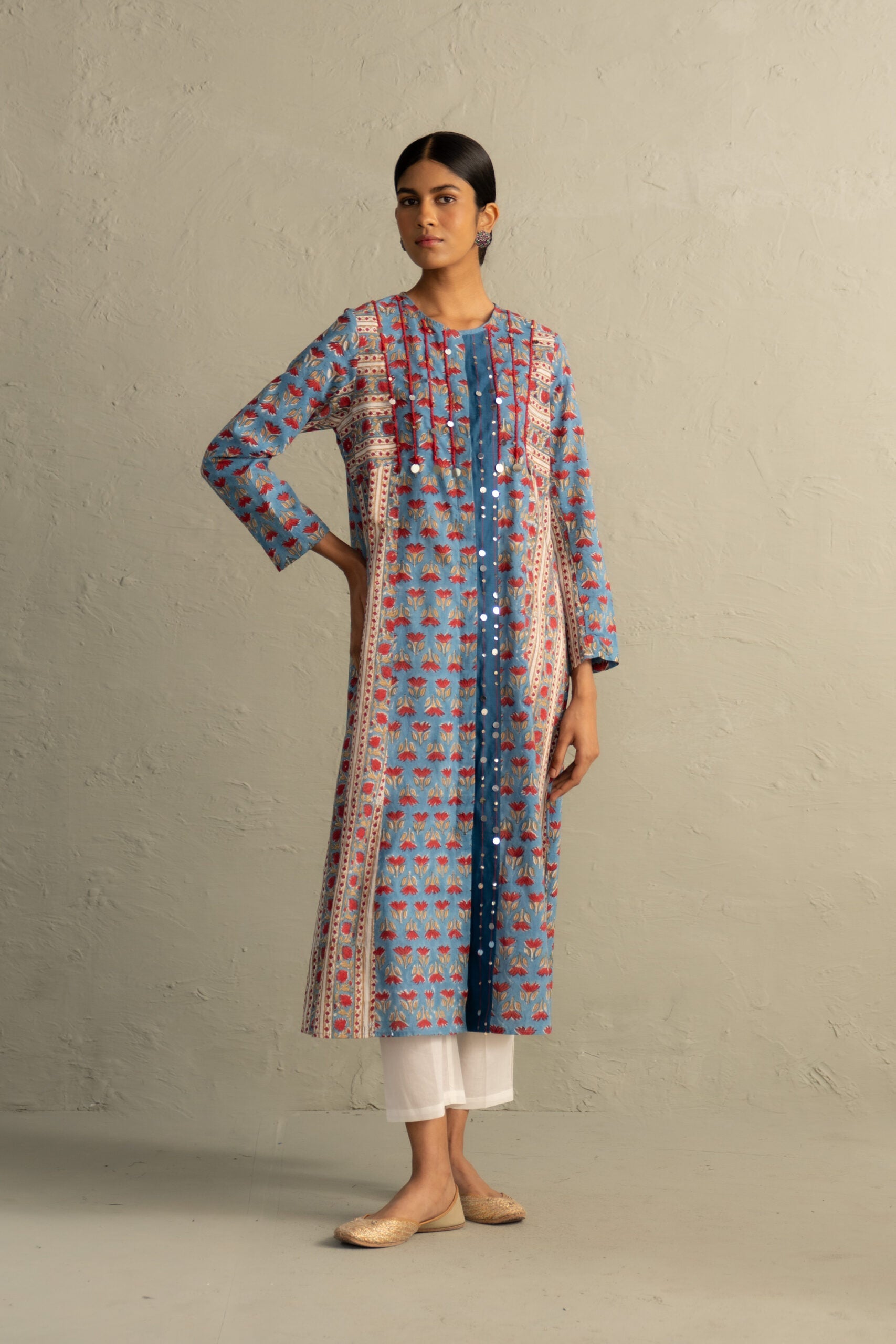 Blue Hand Block Placket Kurta Set