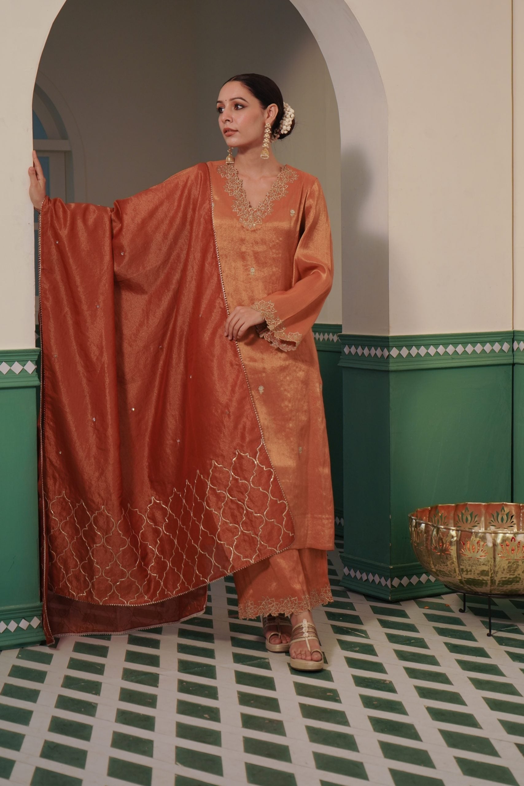 Image of Amber Zari Tissue Kurta and Wide Leg Pants with Zari rose and sequins embroidery for women