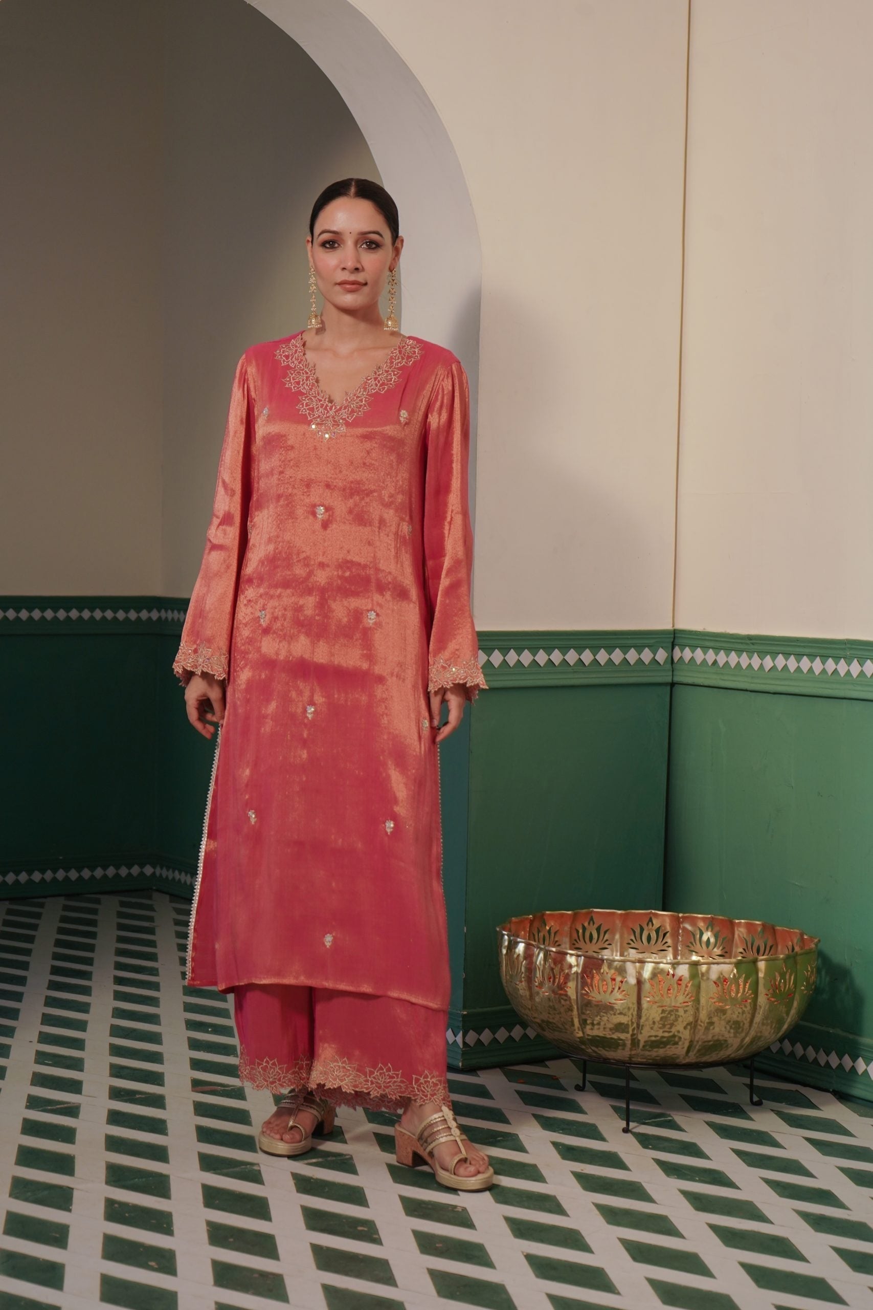 Image of Peony Zari Tissue Kurta and Wide Leg Pants with Zari rose and sequins embroidery for women