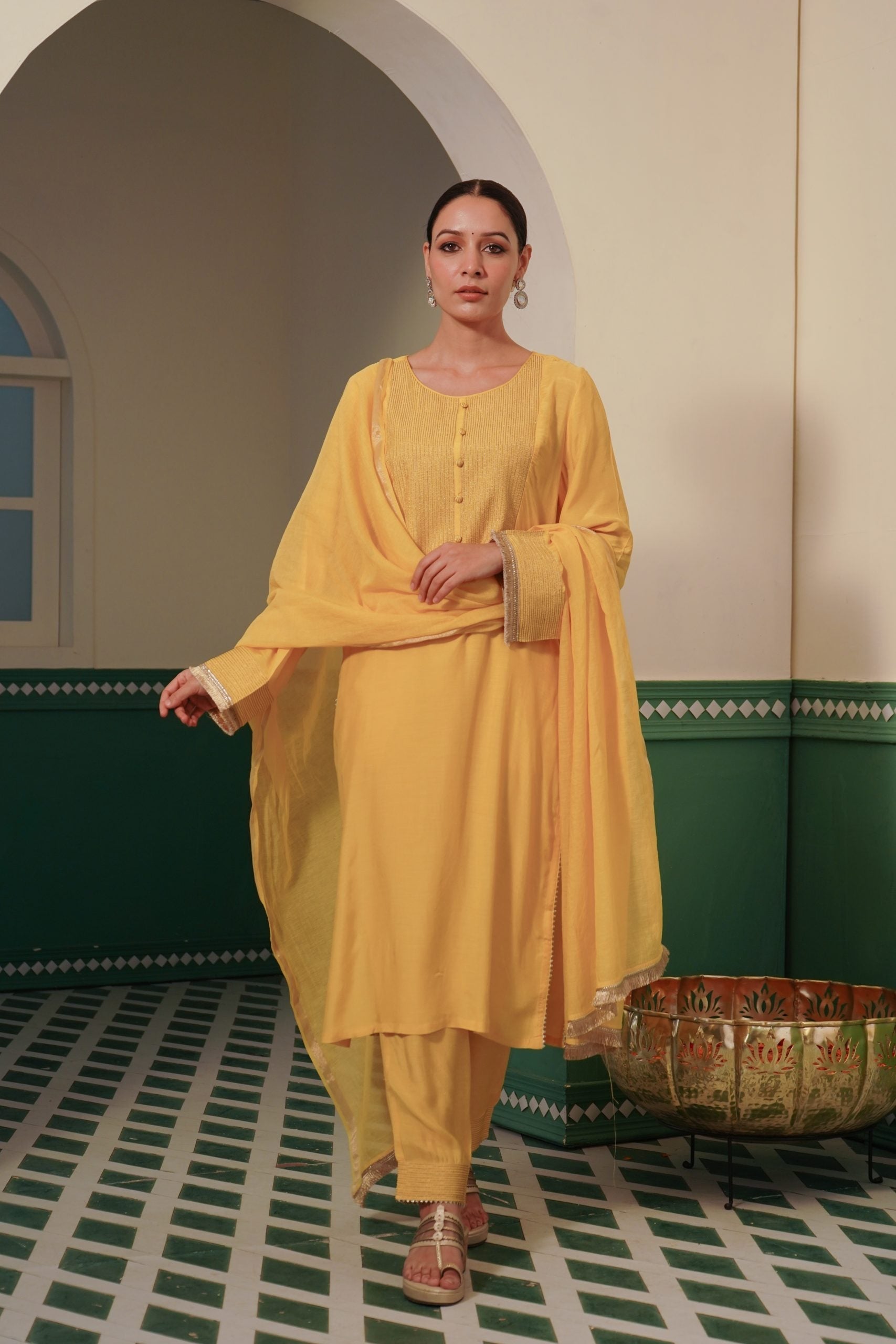 Image of Tulip Zari Modal Kurta with Aari Embroidery yoke and zari embroidered Narrow Pants for women