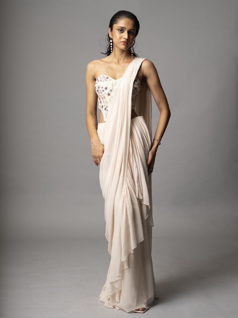 Ivory Drape Cascade Saree