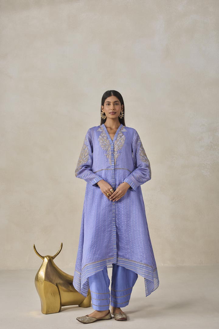 Ink Blue Chanderi Asymmetrical Kurta Set with Gold Embroidery
