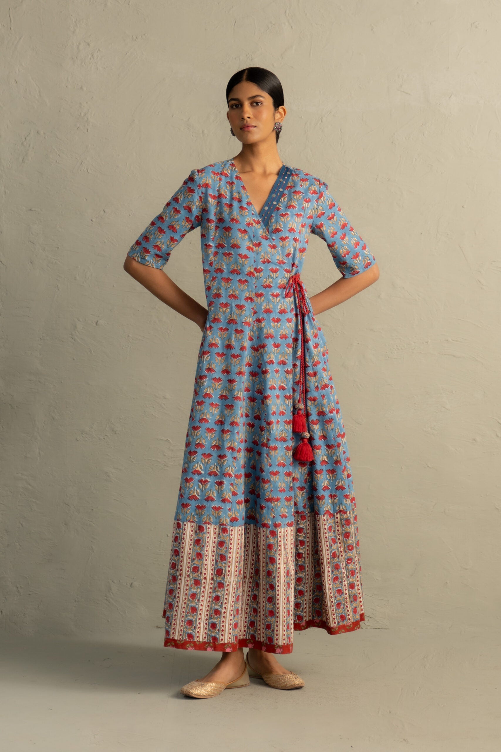 Blue Hand Block Wrap Around Dress