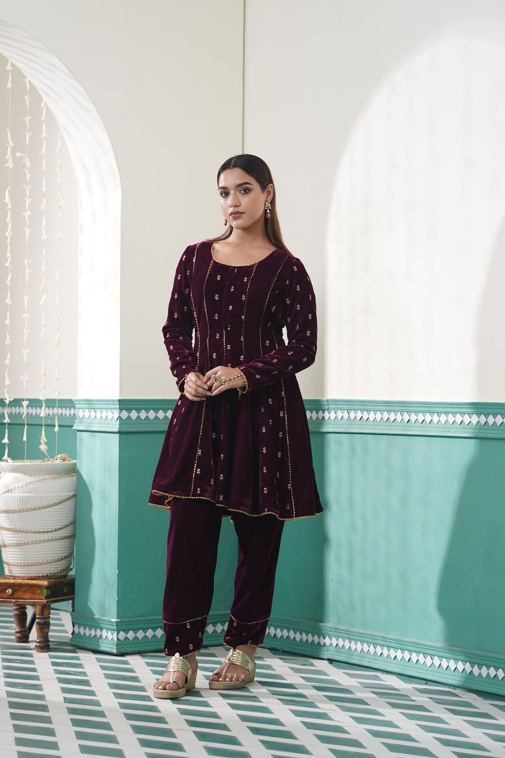 Image of Velvet Floral Anarkali Set