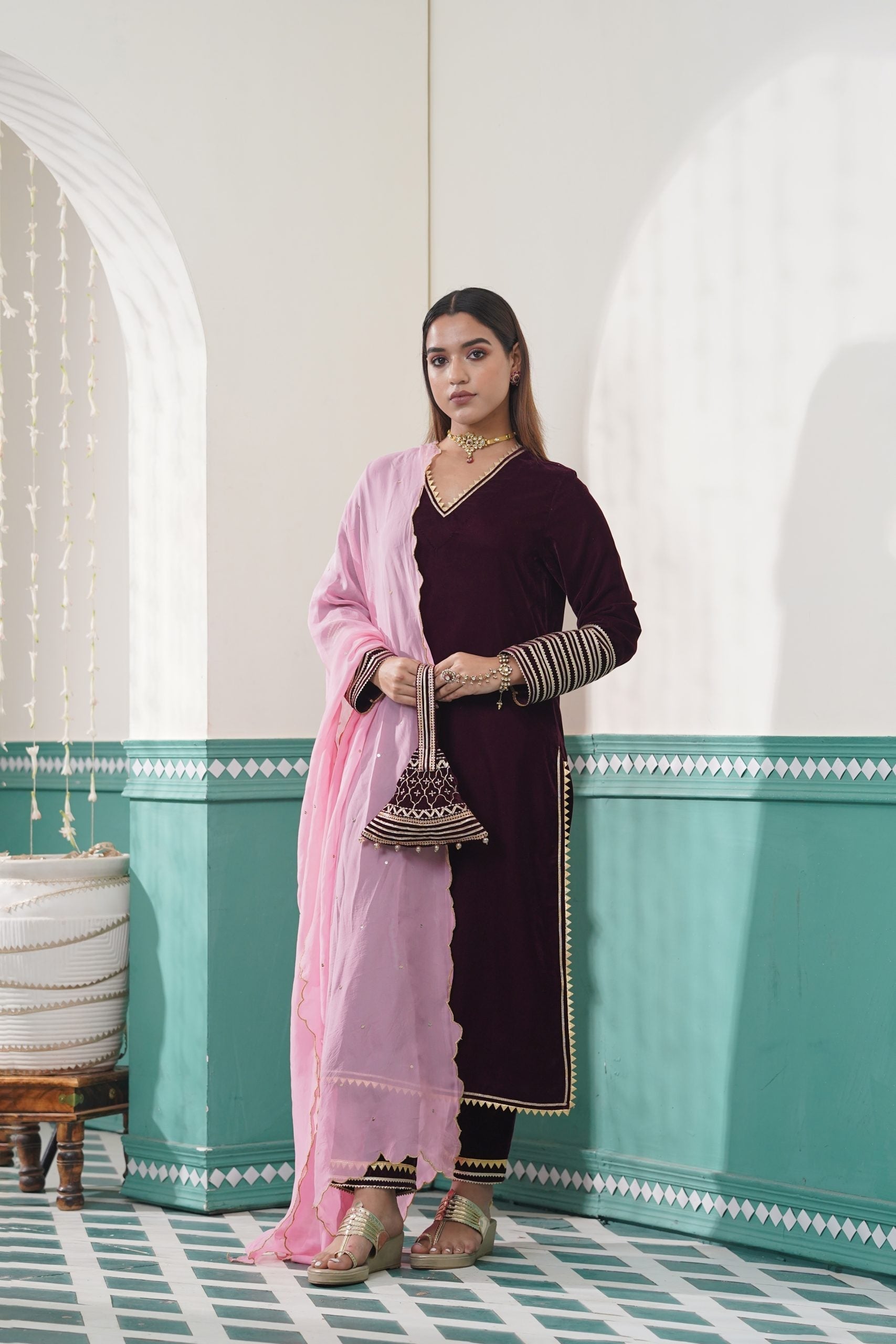 Image of Wine Velvet Kurta Set