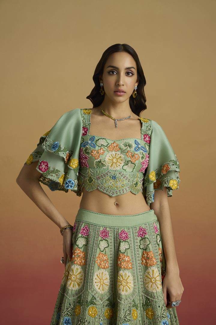 Sage Green Multicolour Floral Bustier with Organza Sleeves