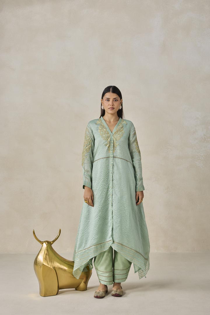 Sage Green Chanderi Asymmetrical Kurta Set - Elegant Festive Wear