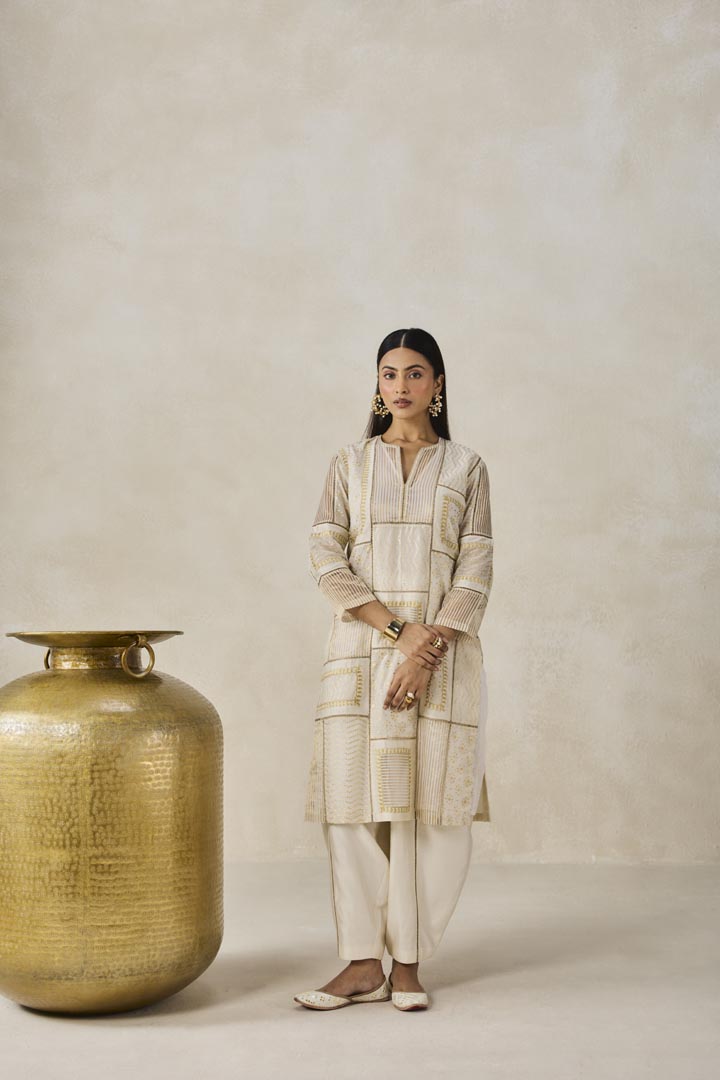 Ivory Gold Chanderi Patchwork Kurta Salwar Set for Festive Wear
