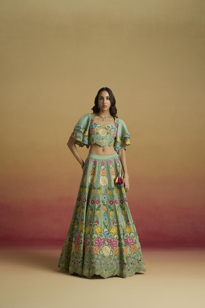 Sage Green Multicolour Floral Chanderi Lehenga for Weddings