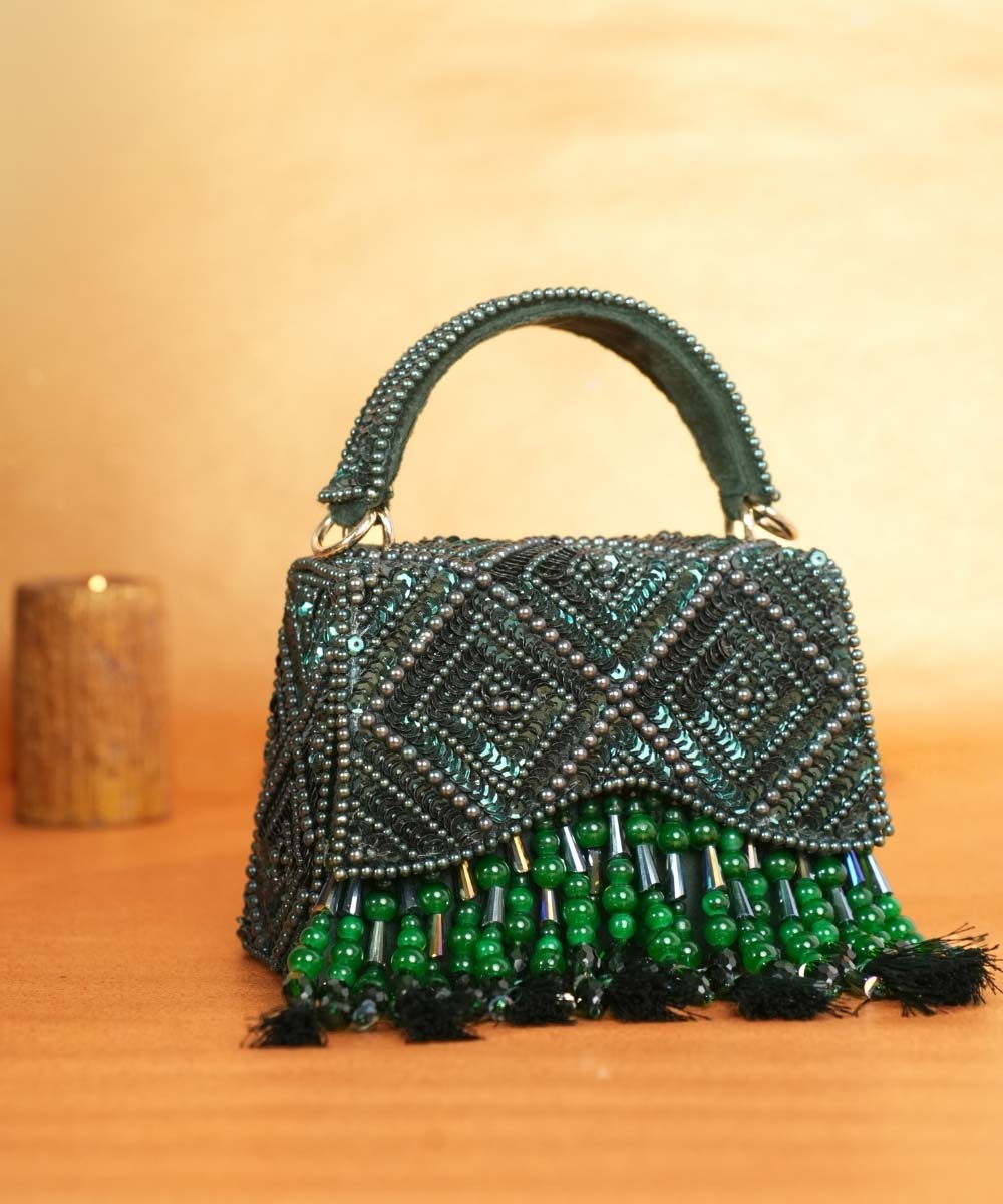 Elara Green Suede Embellished Box Bag