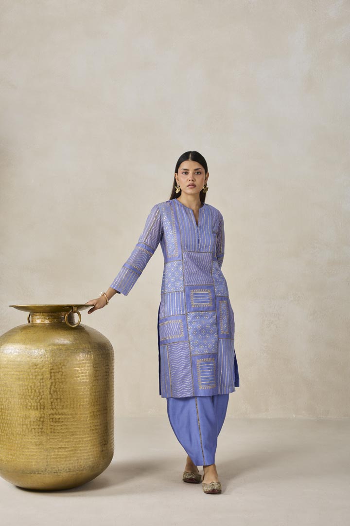 Ink Blue Gold Chanderi Patchwork Kurta Set for Festive Wear