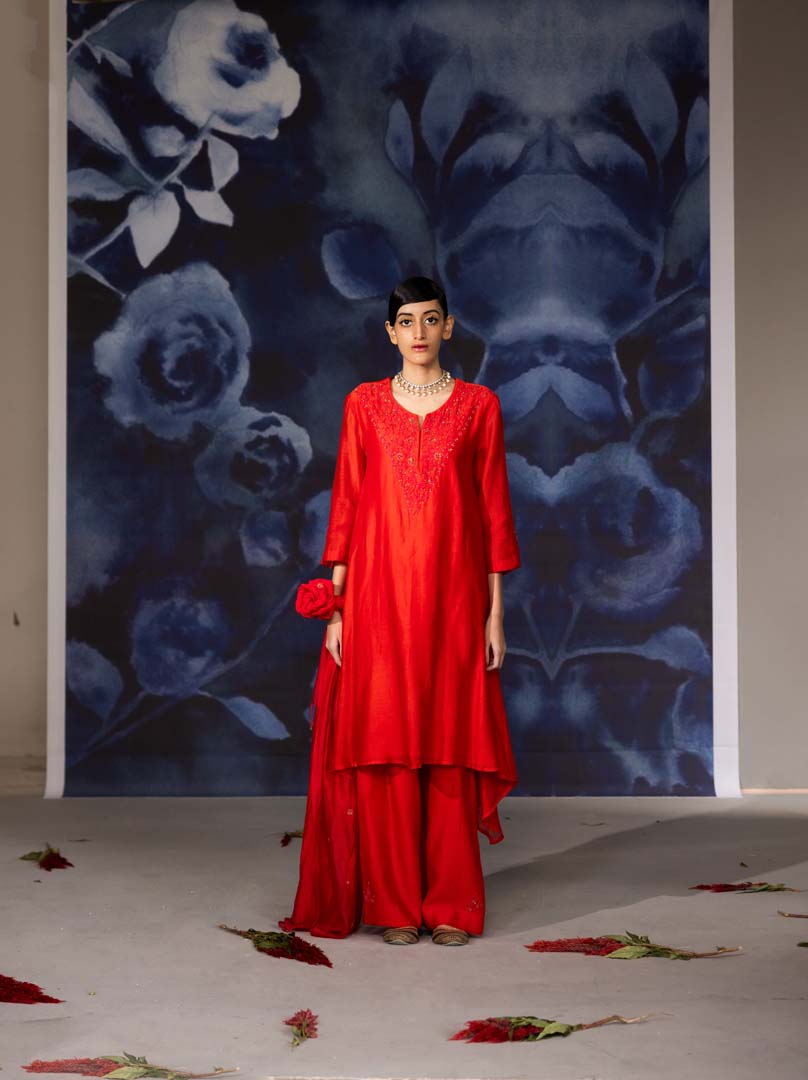 Red Side Panelled and Embroidery Suit- Set of 3