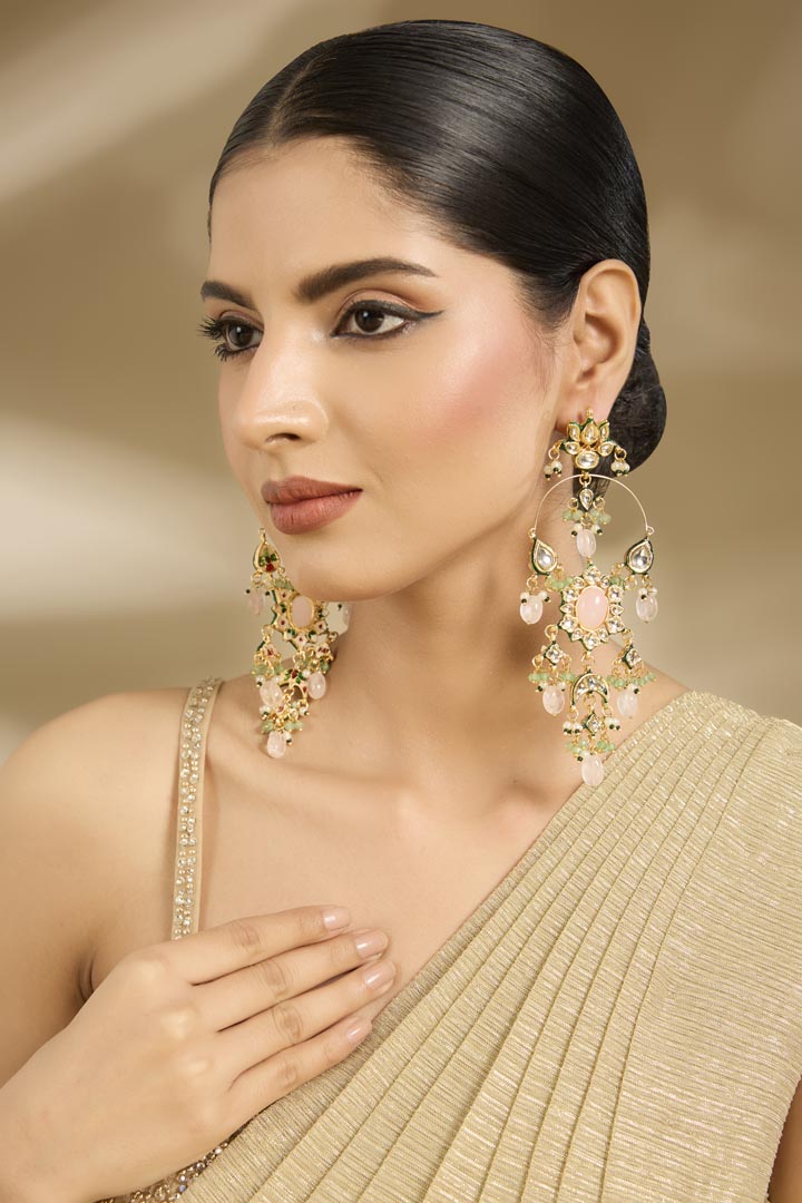 Gold-Plated Kundan & Pearl Statement Earrings
