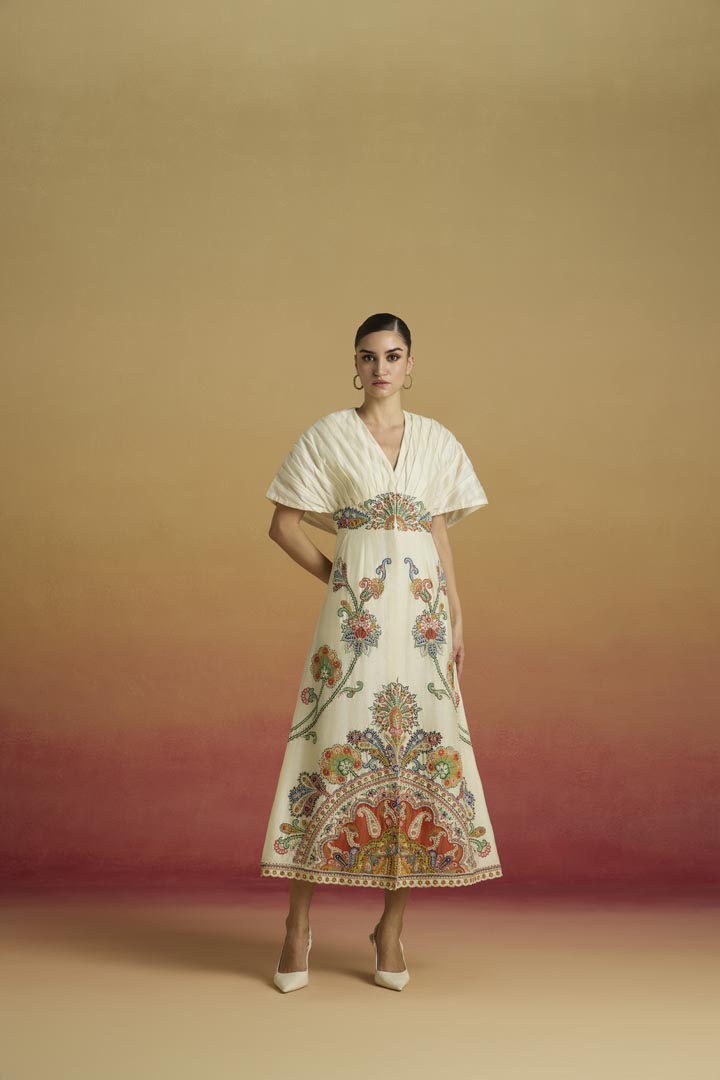 Ivory Chanderi Applique & Beadwork Pleated Midi Dress Luxury Wear