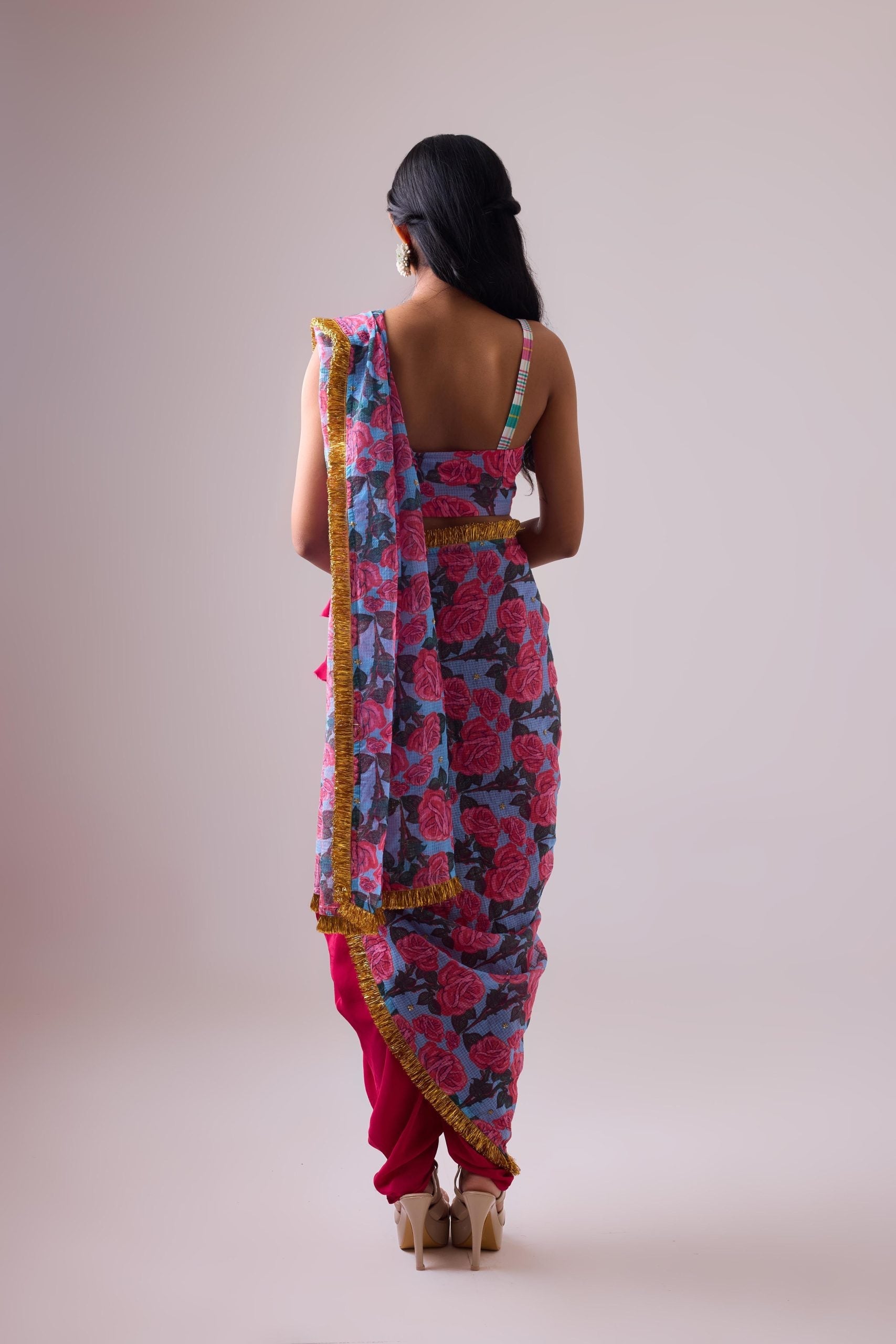 KOTA SAREE WITH DHOTI PANT PAIRED WITH  MADRAS CHECK BRALETTE