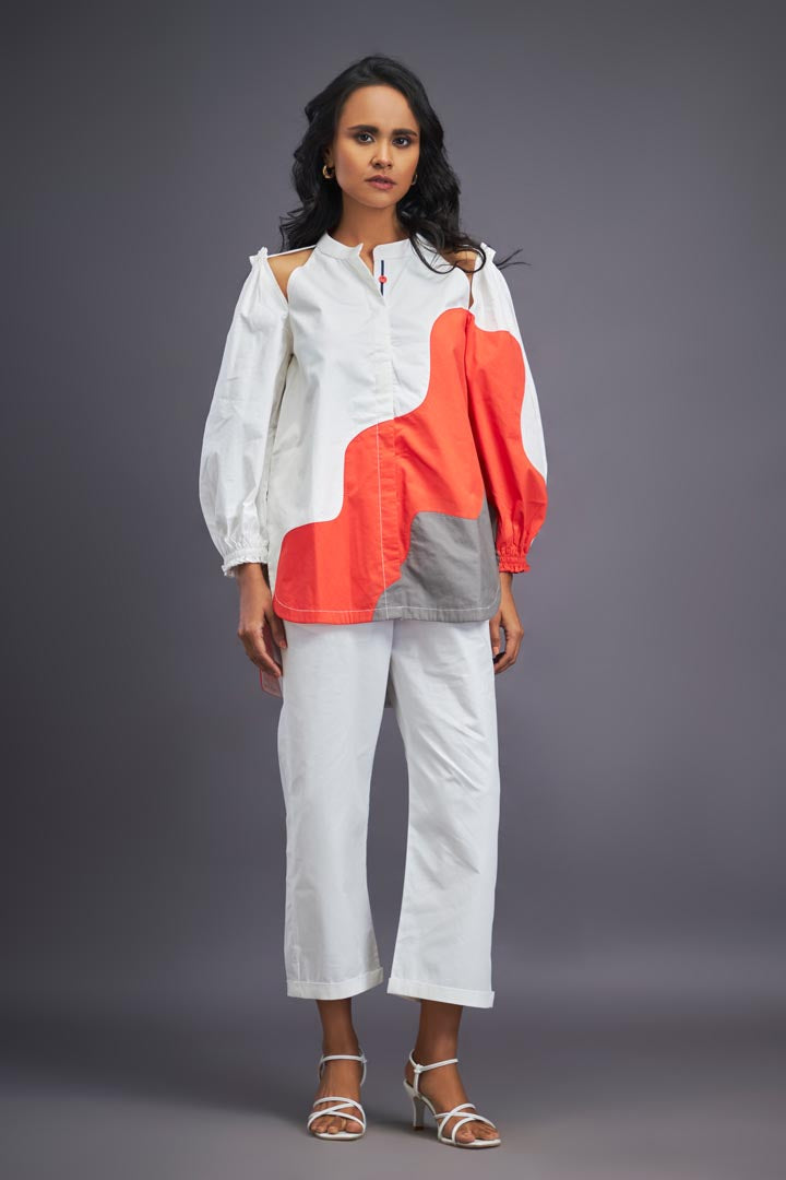 WHITE ORANGE COLD SHOULDER SHIRT