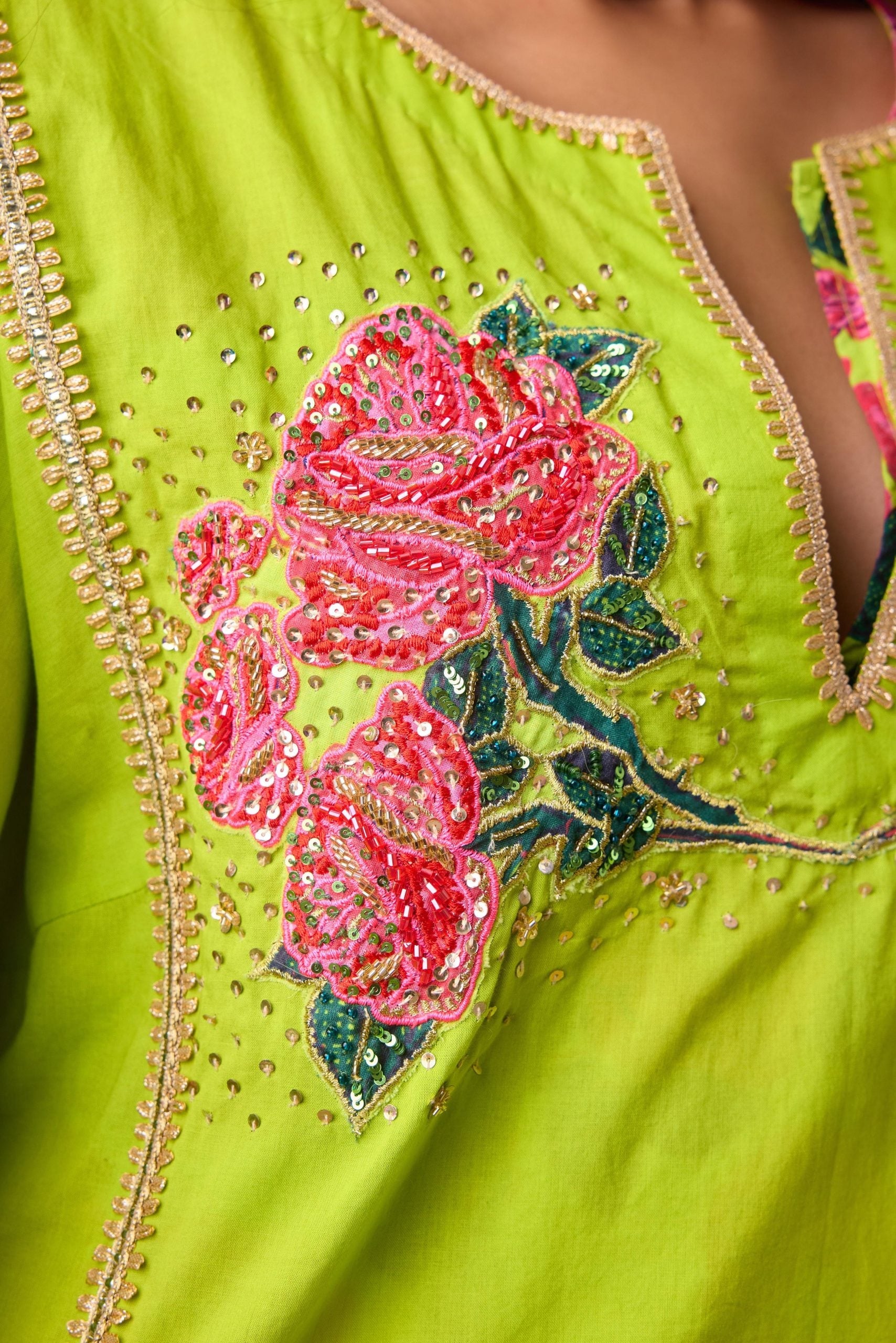 COTTON SOLID LIME STRAIGHT ROSE APPILIQUE KURTA PAIRED WITH PRINTED SALWAR AND DUPATTA