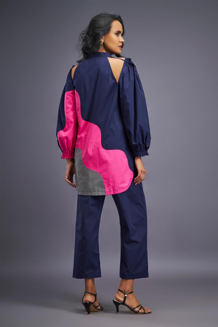 NAVY BLUE PINK COLD SHOULDER SHIRT