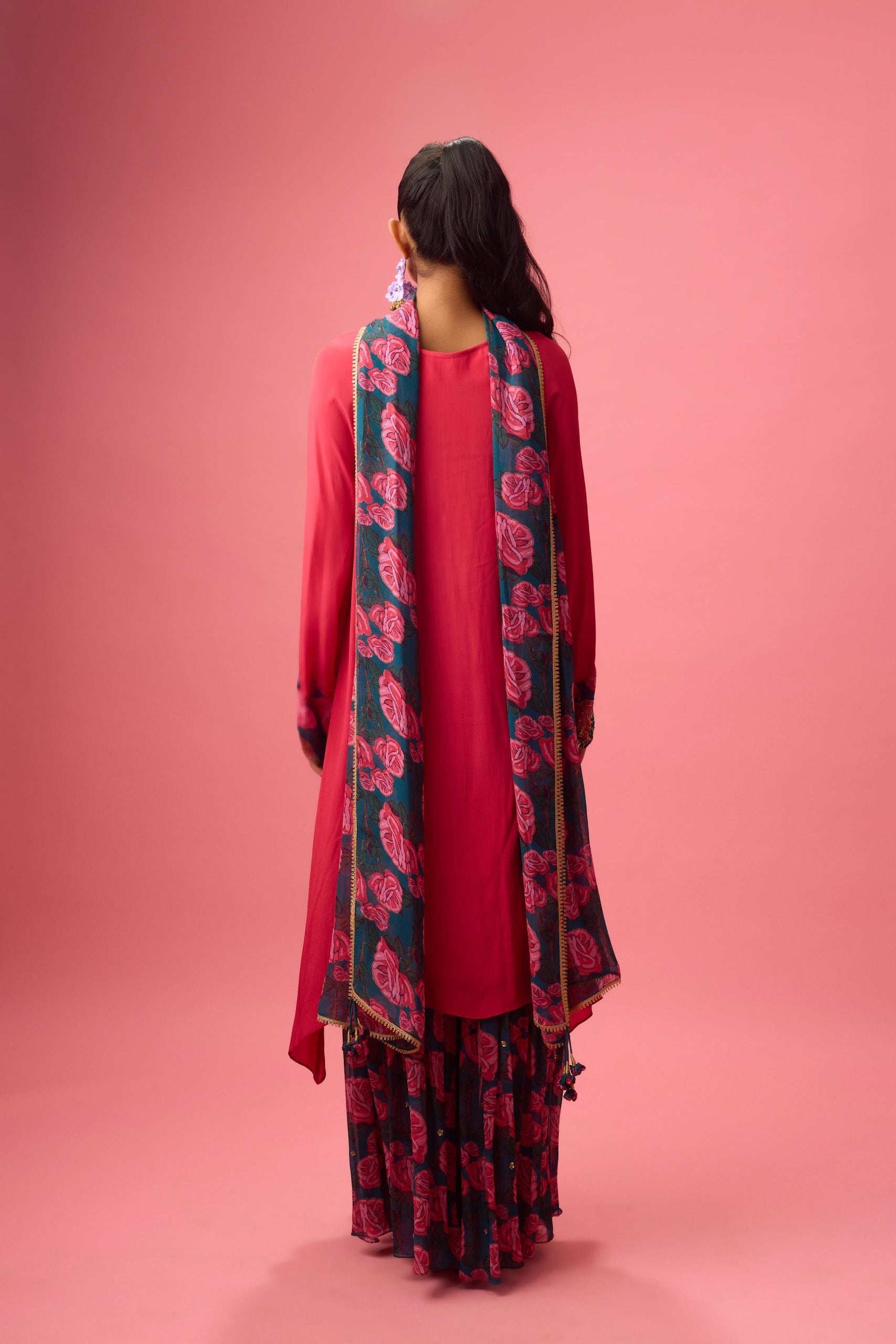 WATERMELON SOLID CREPE ASYMMETRICAL HANDWORK KURTA  PAIRED WITH PRINTED SHARARA AND DUPATTA