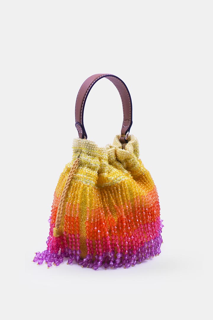 Handcrafted Yellow Ombre Potli Bag With Crystal Fringes And Drawstring Closer