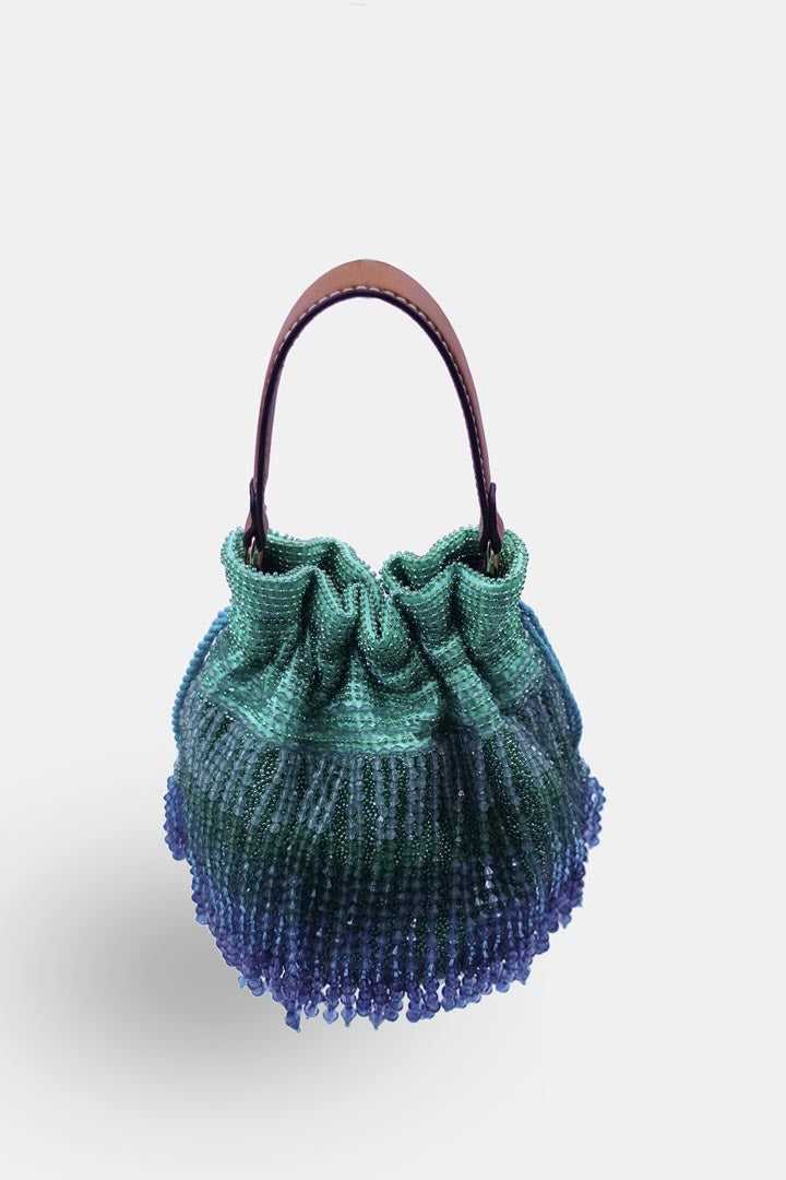 Emerald Green Potli Bag Embellished With Crystal Fringes And A Drawstring