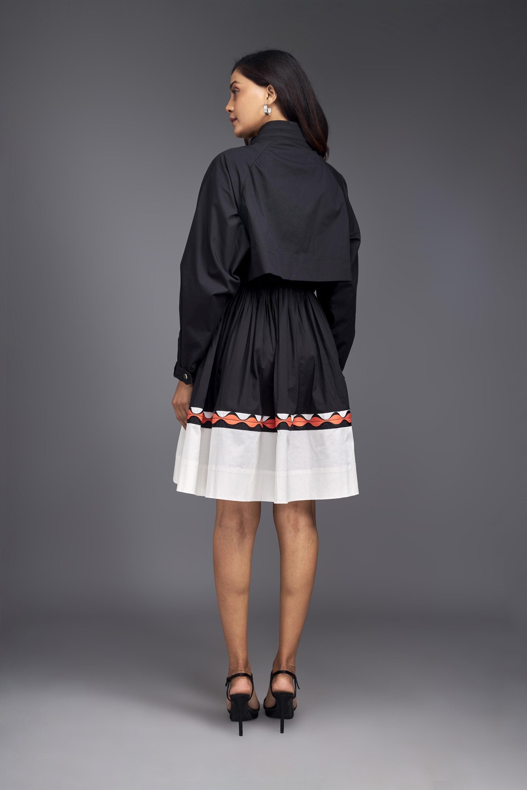 BLACK & WHITE COLOUR BLOCK JACKET STYLE RUFFLE DRESS