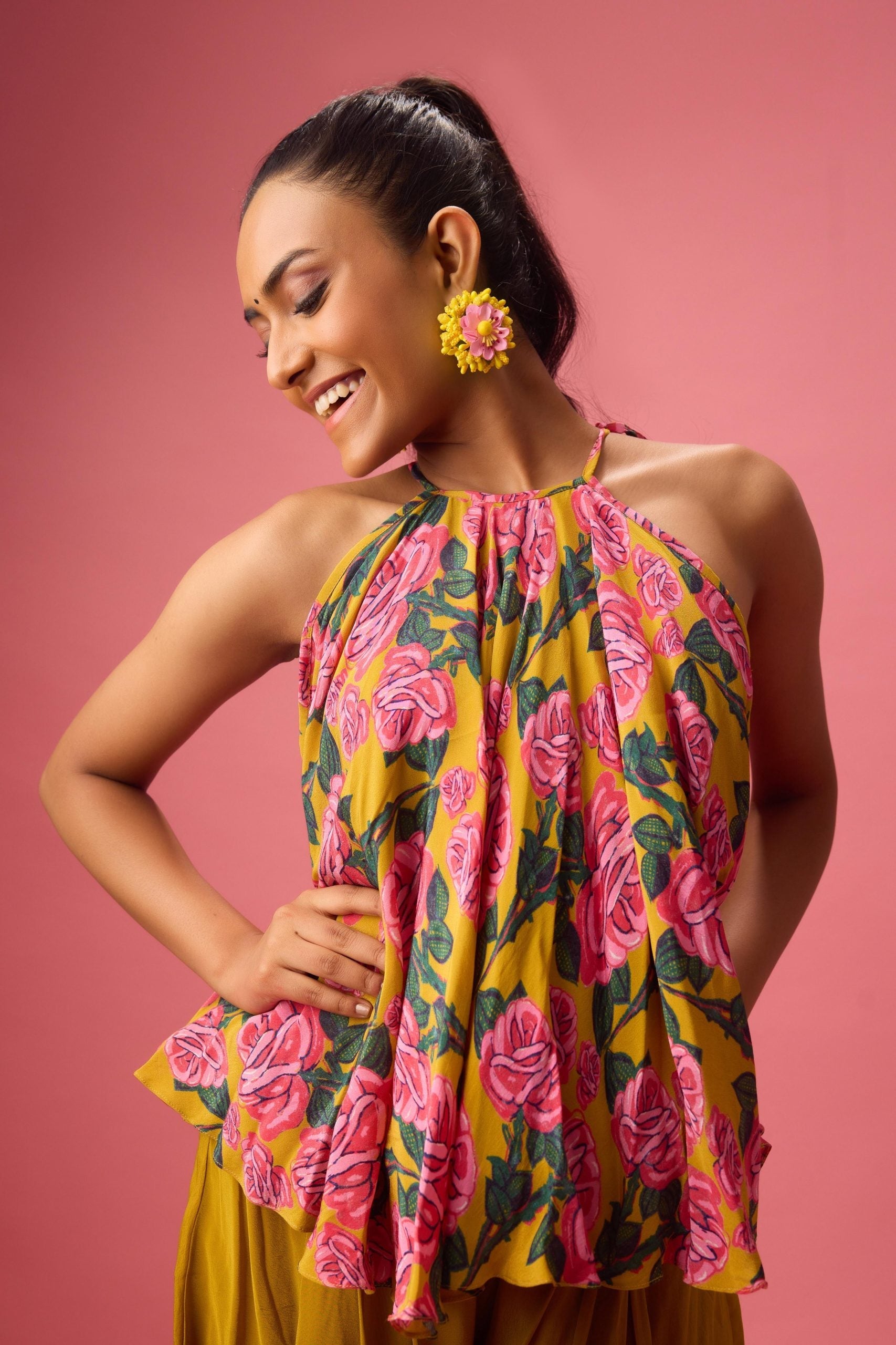 FLORAL PRINTED TOP PAIRED WITH SOLID DHOTI