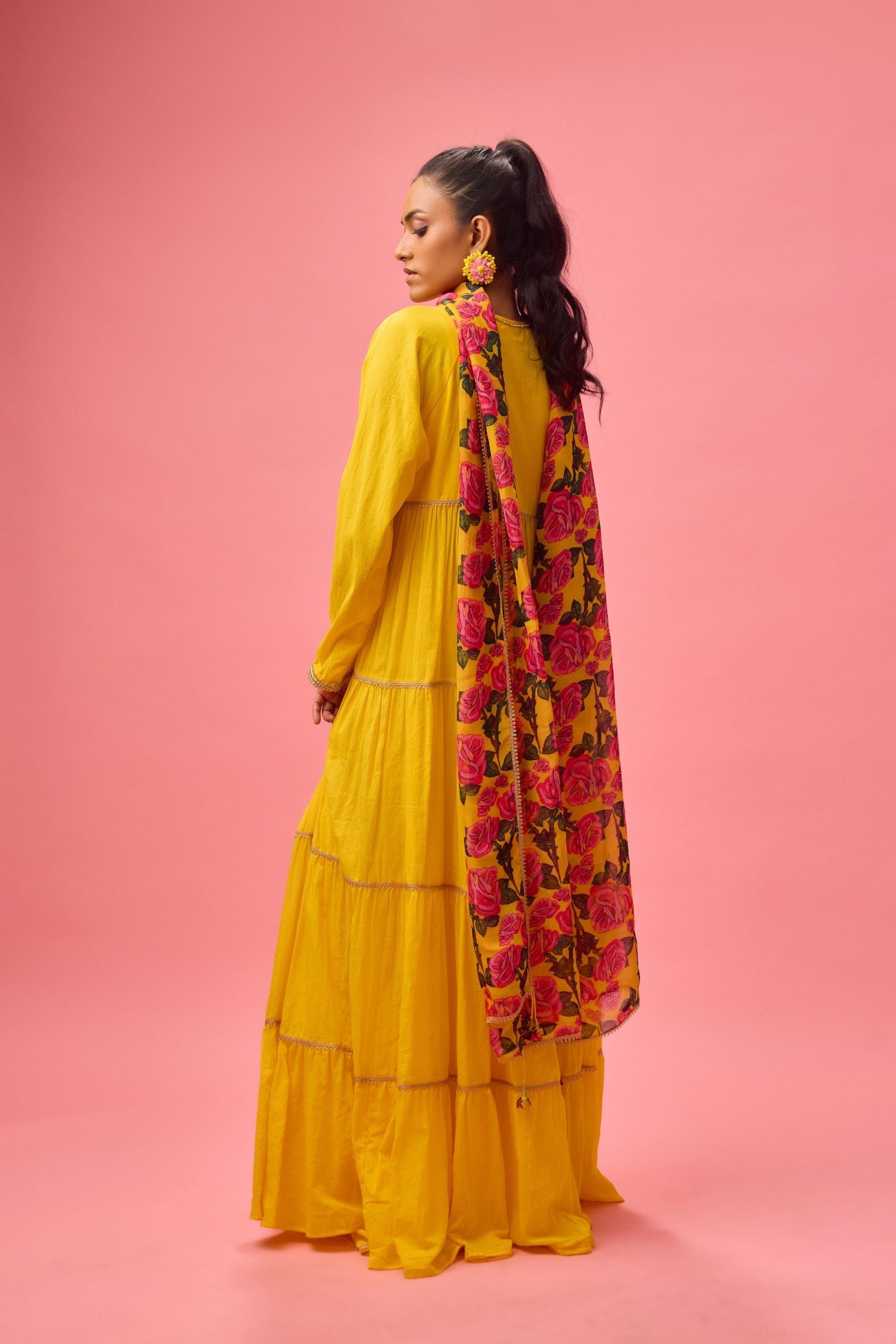 COTTON SOLID  YELLOW  ROSE APPLIQUE KALIDAR PAIRED WITH PRINTED DUPATTA AND CHURIDAR