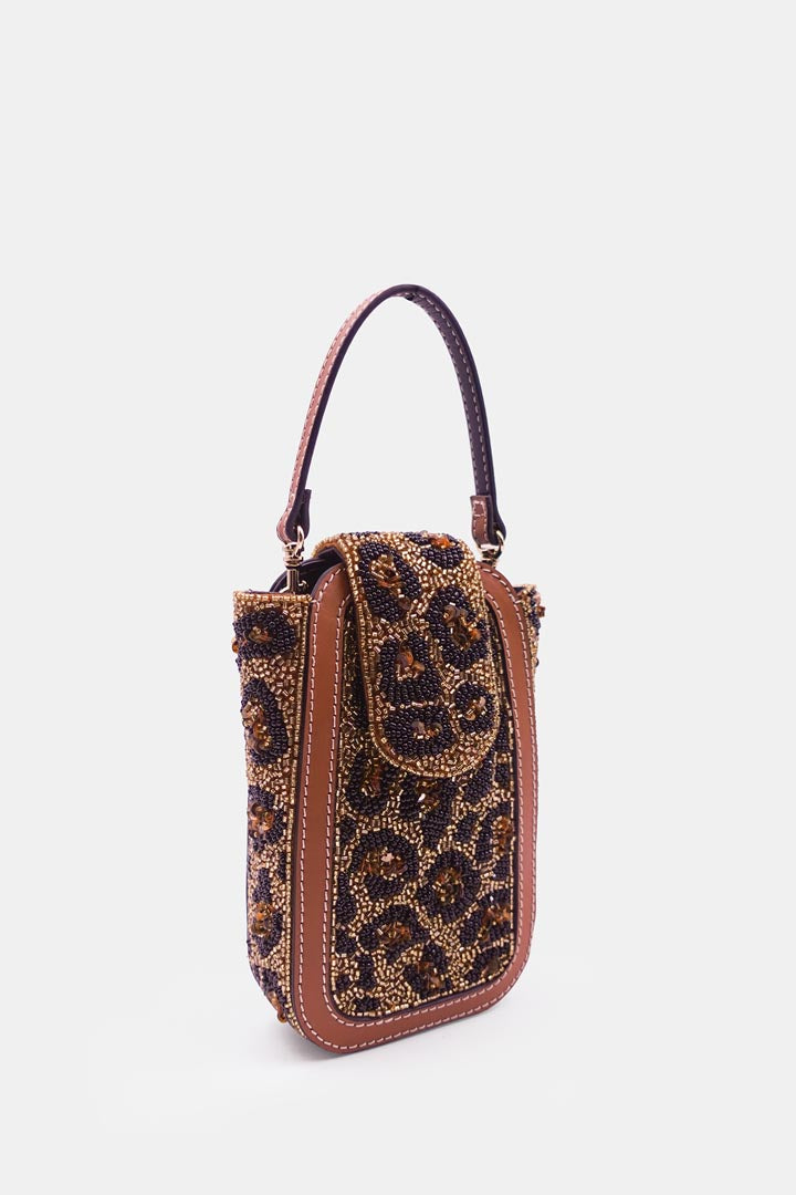 Leopard Print Hand-Embellished Beaded Clutch Bag with Crossbody Sling