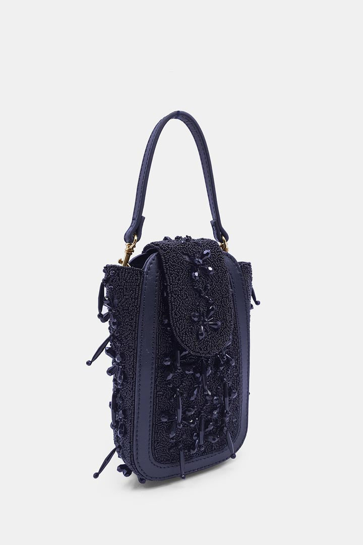 Hand-Embroidered Black Clutch Bag with Bead Embellishments and Crossbody Strap